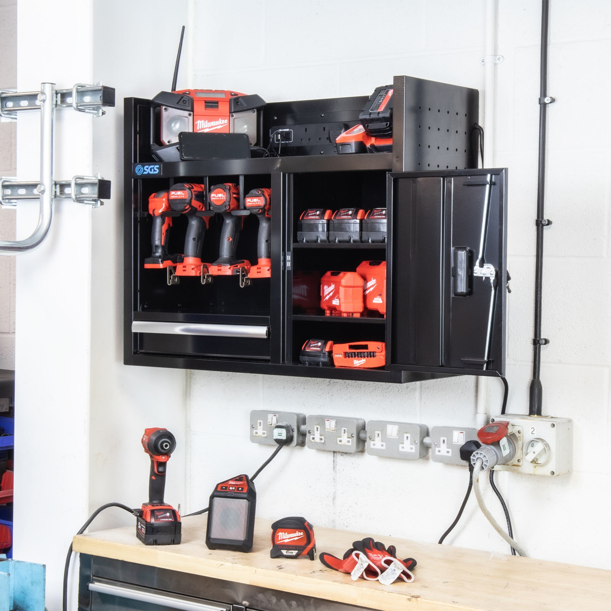 SGS 30in Wall Mounted Power Tool Storage Rack and Charging Station | 4 Slots | Drawer | Cabinet
